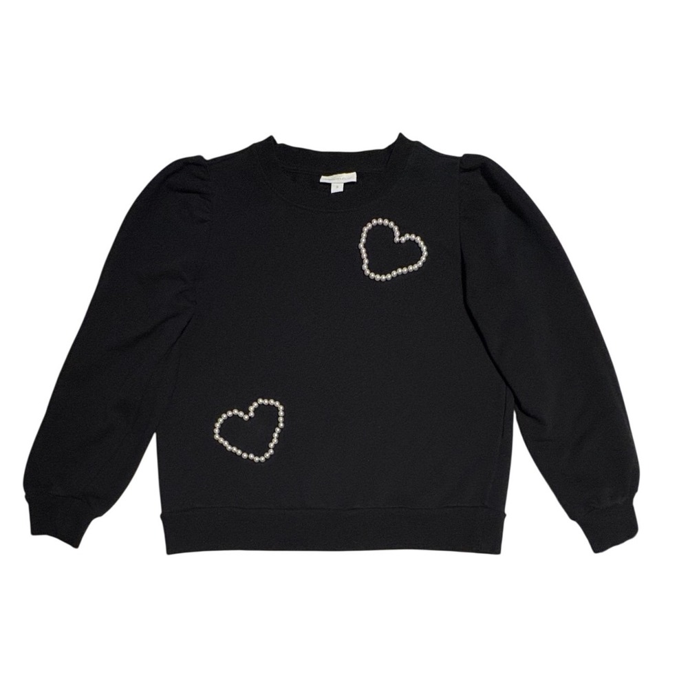 Black Puff Sleeve Sweatshirt Pearl Heart Valentine's Embellished‎ Women's Jr. M